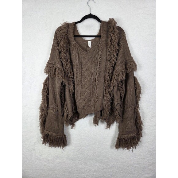 Womens Sweater S/M Brown Cropped Fringe Cable Knit Boho Pullover Oversized Rodeo - Picture 4 of 11